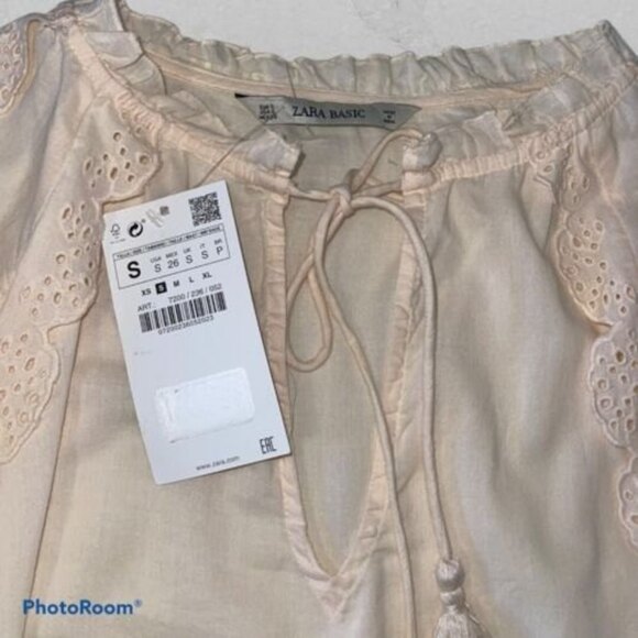 NWT- Zara women’s Ruffle/Eyelet Long Sleeve Size Small, Peach, Tassel Tie - Picture 7 of 8